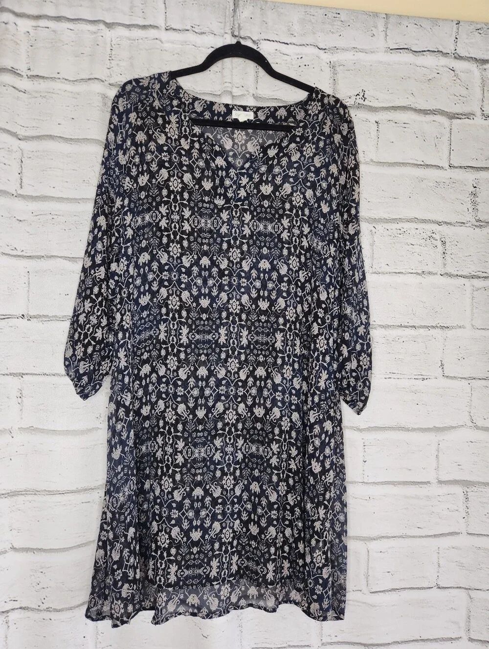 Garnet Hill Navy and Gray Printed Boho Semi Sheer Shift Dress 100% Silk